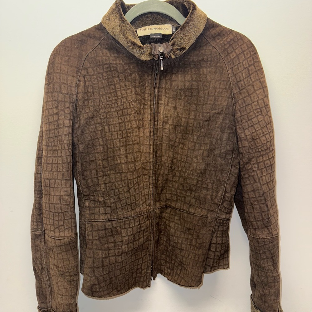 Emporio Armani Brown Croc-Embossed Faux-Fur Trim Zip Jacket